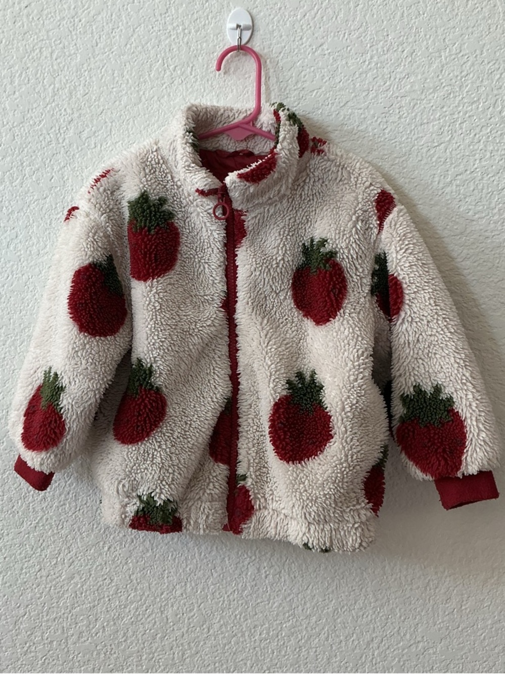 Girls’ Cute Sherpa Strawberry Jacket - Cream & Red Size 2-3Y